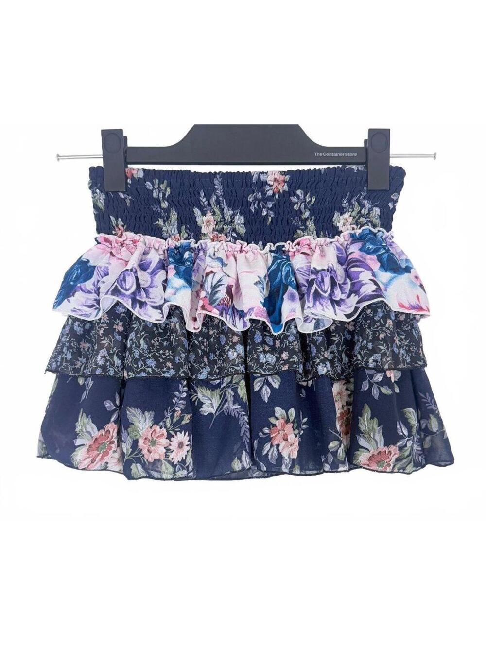 FBZ‎ Flowers By Zoe Tween Navy Multi Floral Tiered Ruffle Skirt Size Small 7/8